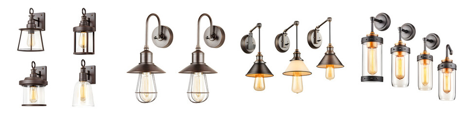 Modern wall lighting fixtures showcasing a variety of styles, including industrial and vintage designs equipped with LED bulbs, emphasizing functionality and aesthetic appeal.