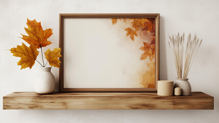 Minimalist Autumn Shelf Display with Blank Wooden Frame, Fall Leaves in Vase, and Dried Grasses &ndash; Warm Seasonal Home Decor for Rustic, Cozy, and Natural Interior Styling