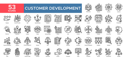 Customer Development collection set. Relationship, Demand , Chanel, Customer , Customer Loyality, Aglie , Business Model, statistics, icon. Simple outline vector illustration