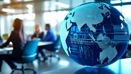 Globe with digital data overlay, blurred background of people in meeting - Powered by Adobe