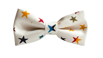 Close up of a white bow tie with colorful stars scattered across the fabric in a playful design isolated on transparent background