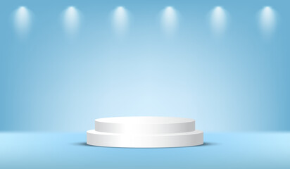 Minimalist White 3D Podium with Spotlight on Blue Background