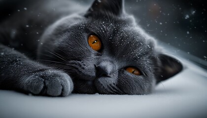 Gray cat in snow, close-up