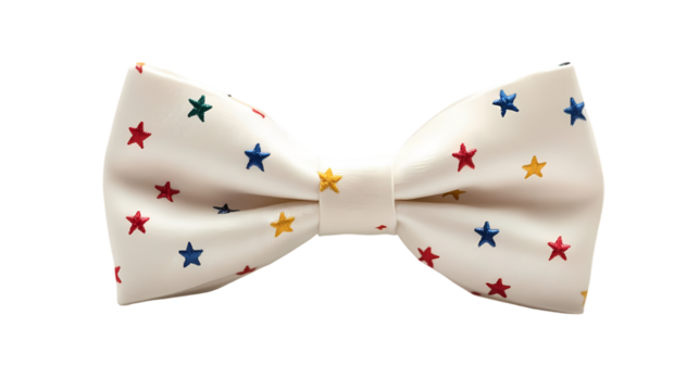A white bow tie with embroidered stars in red yellow green and blue  isolated on transparent background