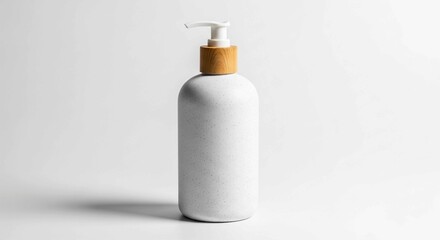 Minimalist white cylindrical pump bottle with a natural wooden collar, ideal for modern eco-friendly product packaging.
