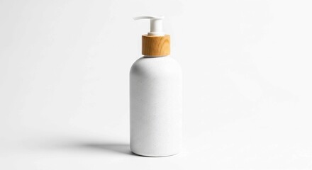 Elegant white pump bottle with a subtle texture and wooden detail, suitable for premium personal care products.
