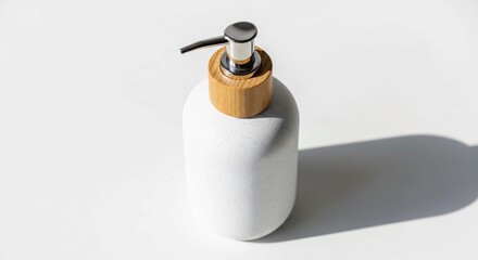 Sleek white cosmetic dispenser bottle featuring a wooden top, perfect for clean beauty brand mockups.
