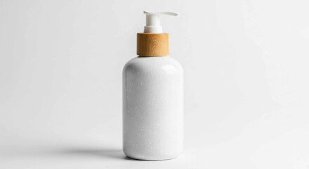 Simple white lotion or soap bottle with a wooden collar and pump, conveying a natural and minimalist aesthetic.
