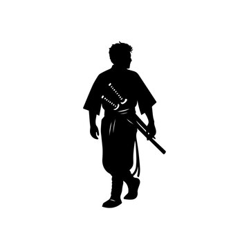 Illustration of samurai, ronin or japanese warrior silhouette standing in profile with two swords. Isolated in white background. Traditional warrior vector concept.