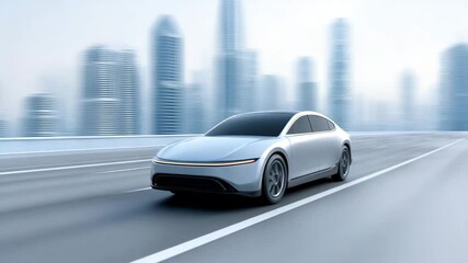Electric Car in Urban Landscape: A sleek, modern electric car cruises down a city street, set against a blurred backdrop of skyscrapers.