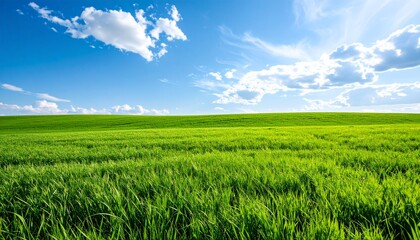 Obraz premium Lush green field under clear blue sky, peaceful nature background, wide view, realistic photo, environmental background