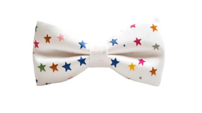 A white bow tie with colorful stars scattered across the fabric and a central knot detail visible isolated on transparent background