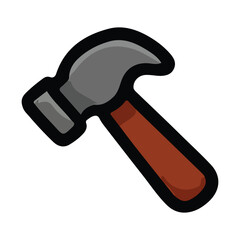 High-quality cartoon-style hammer icon with a grey metallic head and brown handle, outlined in black. Ideal for use in construction, repair, DIY projects, and educational materials. 