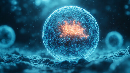 Abstract glowing sphere with interconnected nodes symbolizing global network, digital communication, and futuristic technology. Bright, modern, and dynamic design with caption space on the side.