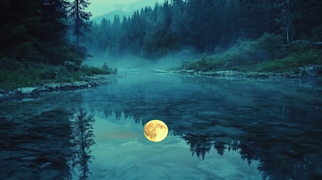 A luminous full moon mirroring on still lake waters amidst a misty forest capturing a scene of tranquil nighttime beauty