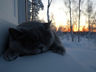 Sleepy cat in snowy landscape at sunset