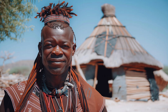 A Himba elder stands near a traditional clay hut in a desert village, wearing tribal attire and jewelry, with bright sky and cultural surroundings behind