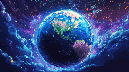 Obraz premium Vibrant Fantasy Earth in Space – Cosmic Digital Art of Planet Surrounded by Glowing Stars, Nebulae, and Colorful Galactic Clouds