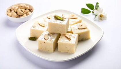 Milk powder barfi also known as Mava burfi isolated white background