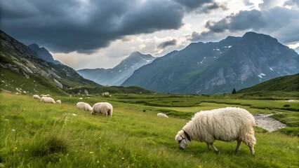 Sheep Grazing on a Green Meadow in the Mountains