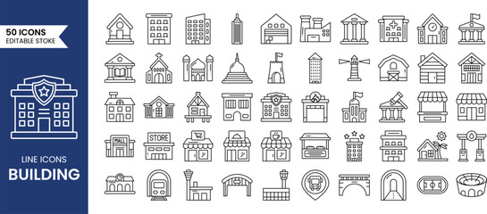 Building line editable icon set. Containing house, office, apartment, government, school, mansion, shop, university, hospital and more. Vector illustration