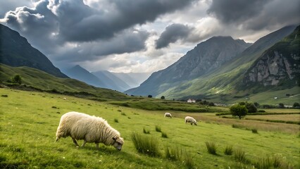 Sheeps in the Mountain Valley Surrounded with the Nature