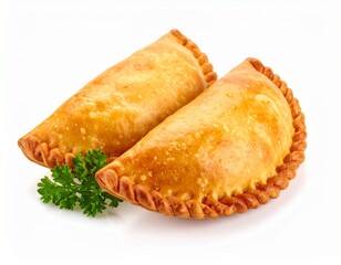 Two crispy fried empanadas isolated on white background 