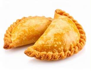 Two crispy fried empanadas isolated on white background 