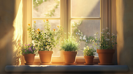Fototapeta premium Sunlit Windowsill with Five Terracotta Pots Filled with Lush Greenery and Delicate Flowers, Bathed in Soft Golden Light Creating a Peaceful and Natural Indoor Garden Scene