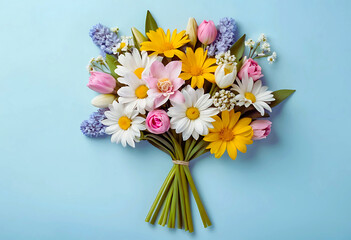Bouquet of beautiful spring flowers on pastel blue table top view. Greeting card for International Women Day