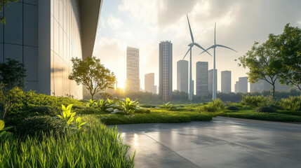Sustainable cityscape with modern skyscrapers, wind turbines, and lush green landscape under sunlight, representing eco-friendly urban development, renewable energy, and harmony between technology