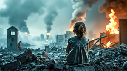 Child sit and gaze at war-torn buildings with deep sorrow. The concept of war devastation, loss, and the impact of conflict on innocent lives. Generative AI.