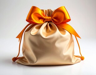 Gift silk pouch with orange bow isolated on white background