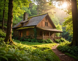 Rustic cabin nestled in forest