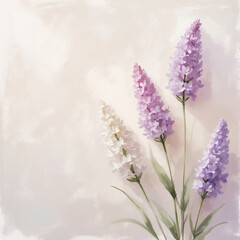 top view botanical composition with light purple lavender flowers arranged on white cream background for romantic theme content floral botanical wallpaper background