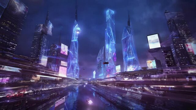 Futuristic aerial scene of spaceships cruising above a neon-lit megacity filled with hovering cars and animated holograms &mdash; sci-fi skyline loop in 4K.