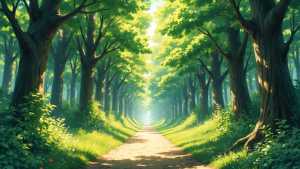 Sunlit Forest Path Through Fresh Green Tunnel