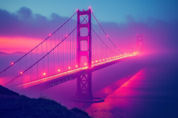 Fototapeta premium Golden Gate Bridge illuminated with pink and purple hues during a beautiful sunset.