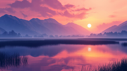 Obraz premium Peaceful Sunset Over Reflective Lake with Silhouetted Mountains – Serene Nature Landscape in Warm Pink and Purple Tones