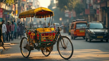A vibrant rickshaw stands ready promising journeys through the bustling streets of India framed by the warm glow of soft