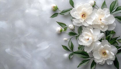 Fototapeta premium Soft white peony flowers on gray table background.