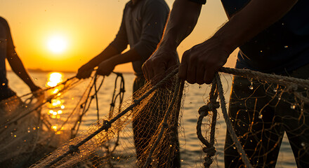 Fishing Net at Sunset with People