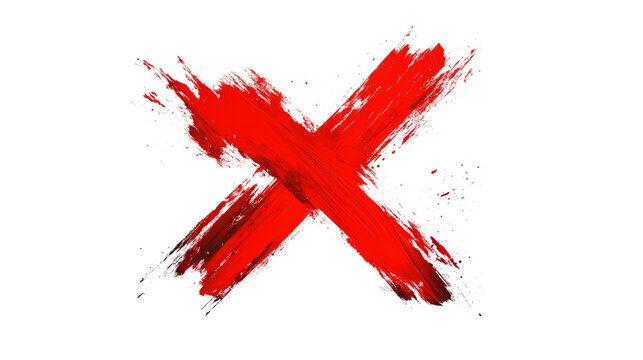 A bold red x mark painted with brush strokes  with white pixelated edges isolated on transparent background - Powered by Adobe