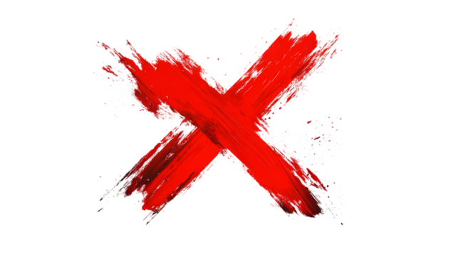 A bold red x mark painted with brush strokes  with white pixelated edges isolated on transparent background