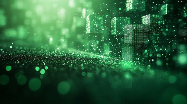 Fototapeta Abstract 3D cubes on dark green background representing digital transformation, site migration, and modern technological processes in a futuristic style.