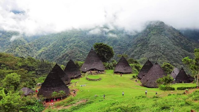 Wae Rebo traditional village the house roofs covered with straw remote indonesian village Labuan Bajo Indonesia