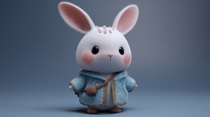 A stuffed rabbit is wearing a brown jacket and green pants