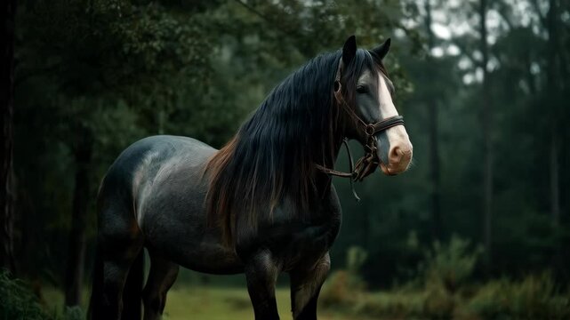 Heavy horse in field wearing a halter, standing against a backdrop of trees on an overcast day in a rural setting.
