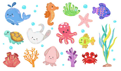 set collection of Cute hand drawn happy world international ocean sea beach animals creatures day in colorful pastel colors character doodle illustration kids summer crayon watercolour sticker design