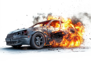 Fiery Car Crash Scene: A Dramatic Depiction of a Burning Vehicle After a Collision